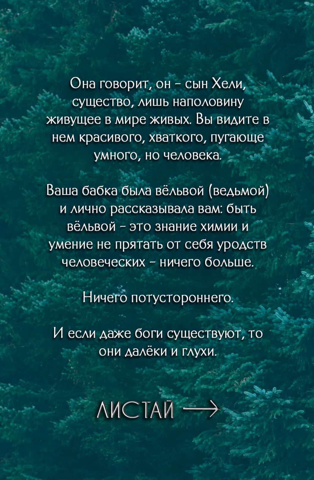Она говорит, он — сын Хели: существо, лишь наполовину живущее в мире живых. Вы видите в нем красивого, хваткого, пугающе умного, но человека. Ваша бабка была вёльвой (ведьмой) и лично рассказывала вам: быть вёльвой — это ние химии и умение не прятать от себя уродств человеческих — ничего больше. Ничего потустороннего. И если даже боги существуют, то они далёки и глухи.